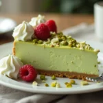Creamy Pistachio Cheesecake Slice with Fresh Raspberries