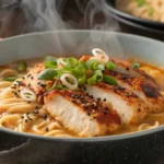 A steaming bowl of Fiery Chicken Ramen with Creamy Garlic Sauce, topped with grilled chicken breast, green onions, and black sesame seeds, served in a dark ceramic bowl with chopsticks on the side.