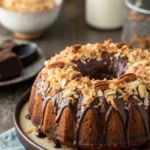 German chocolate pecan pound cake drizzled with chocolate ganache and topped with toasted coconut and pecans on a rustic plate.