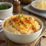 Cheesy Mashed Potatoes Recipe – Creamy mashed potatoes topped with melted cheddar cheese, paprika, and fresh green onions in a rustic bowl.