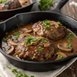 Homemade Salisbury Steak with Mushroom Gravy in Cast Iron Skillet