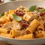 A delicious plate of Marry Me Chicken Pasta Recipe featuring rigatoni pasta, tender chicken, sun-dried tomatoes, fresh basil, and a creamy parmesan sauce, served in a rustic bowl.