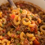 Homemade American goulash recipe with tender elbow macaroni, seasoned ground beef, and rich tomato sauce in a white Dutch oven
