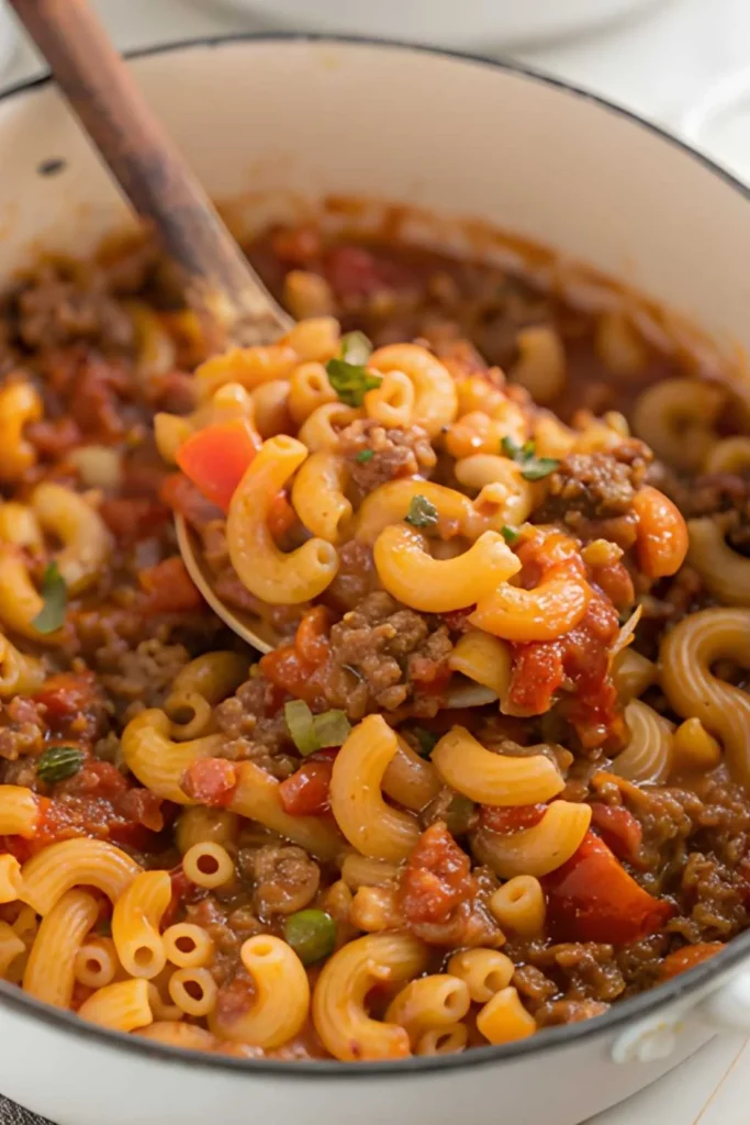 Homemade American goulash recipe with tender elbow macaroni, seasoned ground beef, and rich tomato sauce in a white Dutch oven