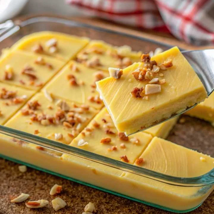 Close-up of creamy butter pudding squares topped with chopped nuts, served in a glass baking dish – Butter Pudding Recipe.
