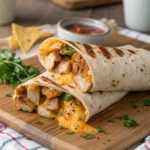 Cheesy Garlic Chicken Wraps with Fresh Herbs on Wooden Board