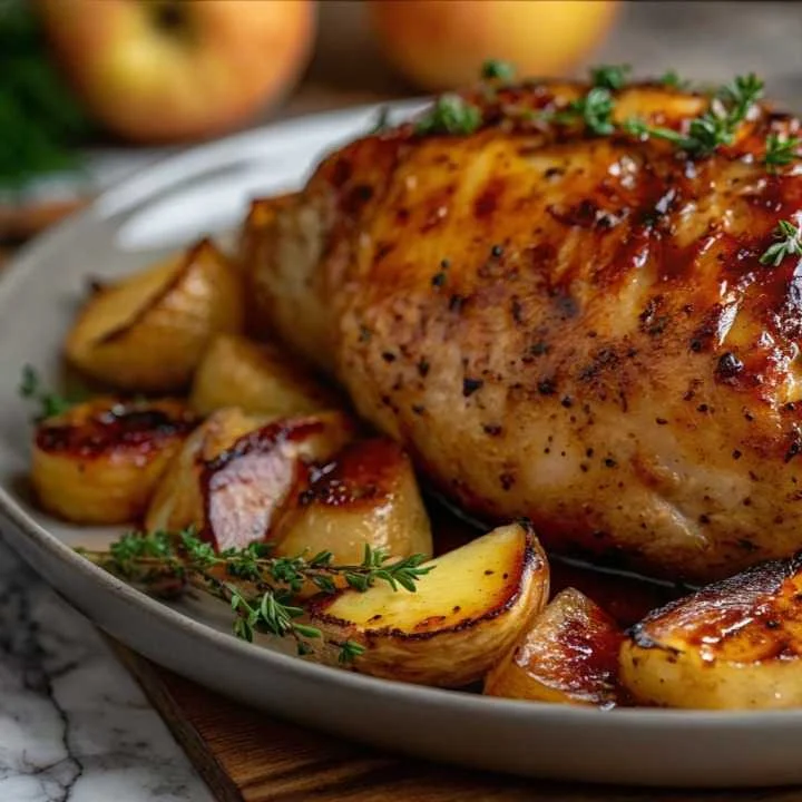 Honey Mustard Chicken and Apples , with apples in the background.
