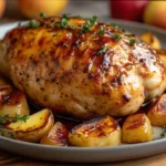 Honey Mustard Chicken and Apples, served with caramelized apple slices and garnished with fresh thyme.