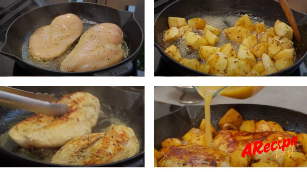 Cooking process of How to make Honey Mustard Chicken and Apples in a skillet with golden-brown chicken breasts and caramelized apples glazed with honey mustard sauce.
