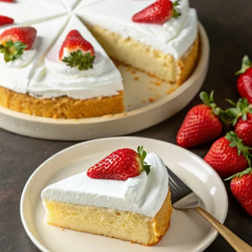Decadent slice of vanilla milk cake topped with whipped cream and fresh strawberries, served on a white plate.