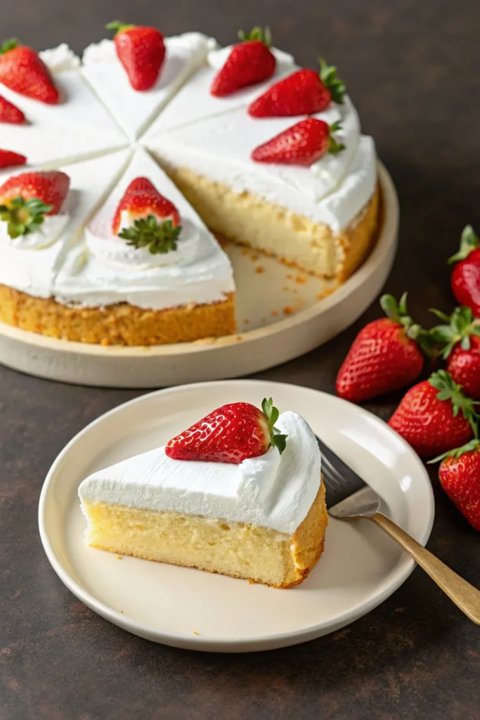 Decadent slice of vanilla milk cake topped with whipped cream and fresh strawberries, served on a white plate.