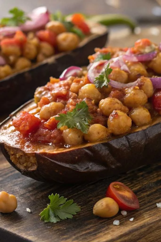 Close‑up of Stuffed Eggplants boats overflowing with chickpeas, diced tomatoes, red onion, and parsley on a rustic board