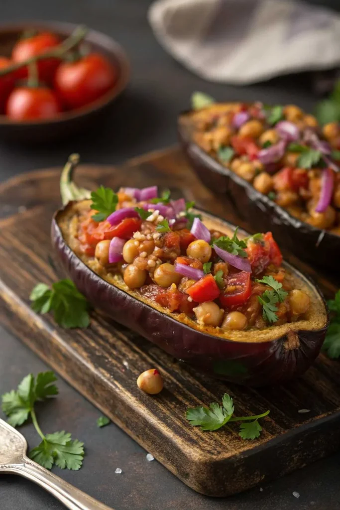 Two Stuffed Eggplants filled with a vibrant chickpea and tomato mixture, garnished with fresh parsley on a rustic wooden board.