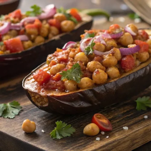 Stuffed Eggplants with Chickpeas and Tomatoes on a wooden board, garnished with fresh parsley